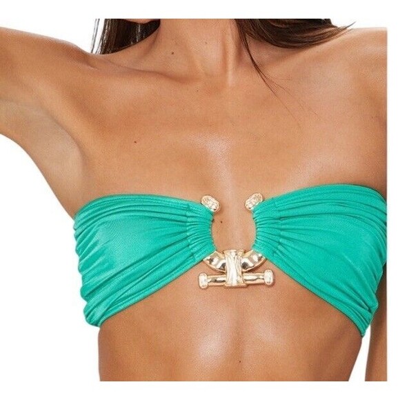PrettyLittleThing Plus Green Hammered Trim Bikini Top Women's Size 22 US New! - Picture 1 of 9